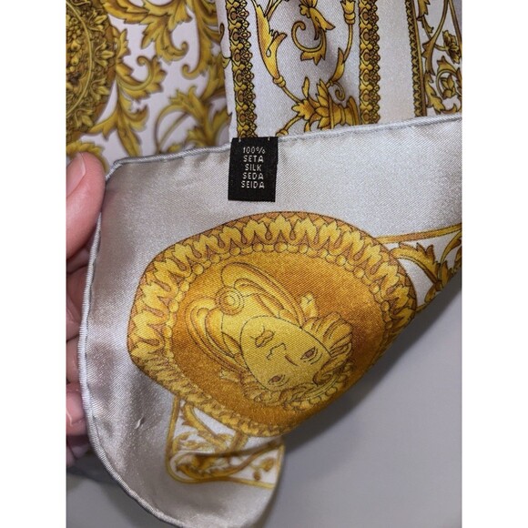 Vintage Italian Silk Scarf Gray With Gold Medallions Approx. 21”x21” - Picture 2 of 4